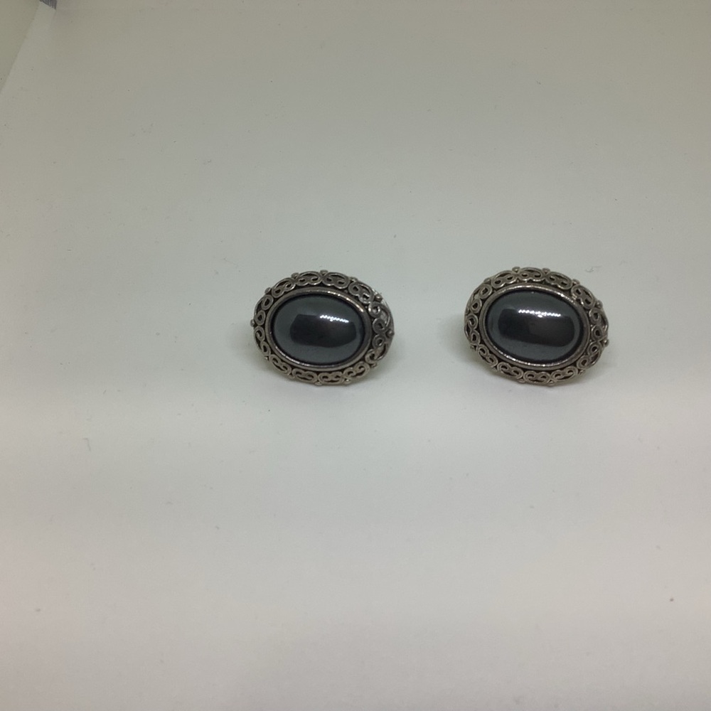 Fashion Jewelry Pierced Earrings Silver Tone Faux Hematite Stone